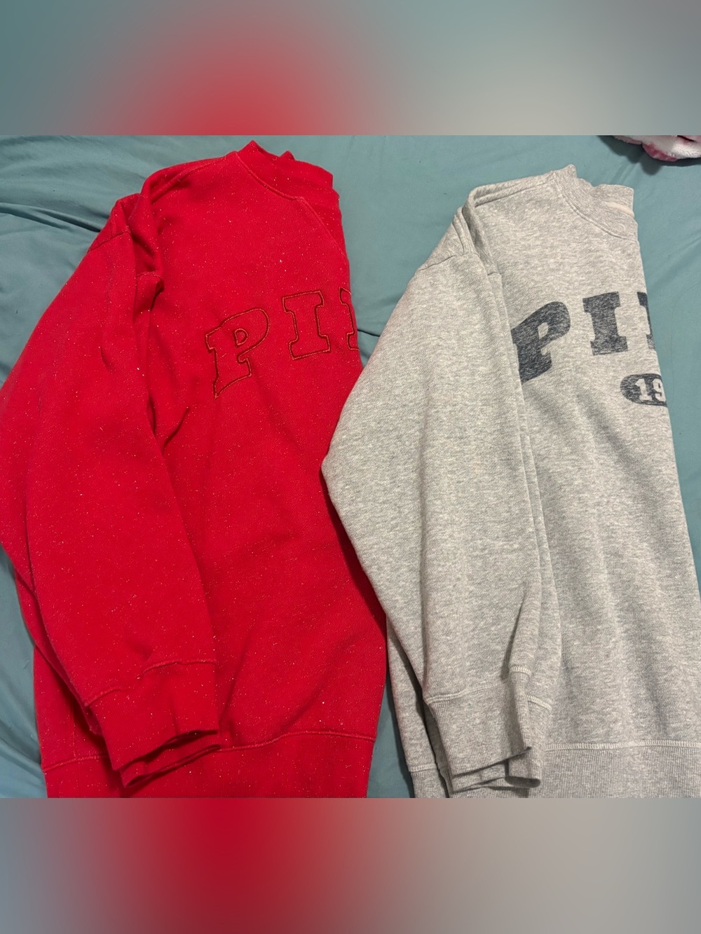 PINK Victoria's Secret Red Sparkle and Grey Crewneck Sweatshirt